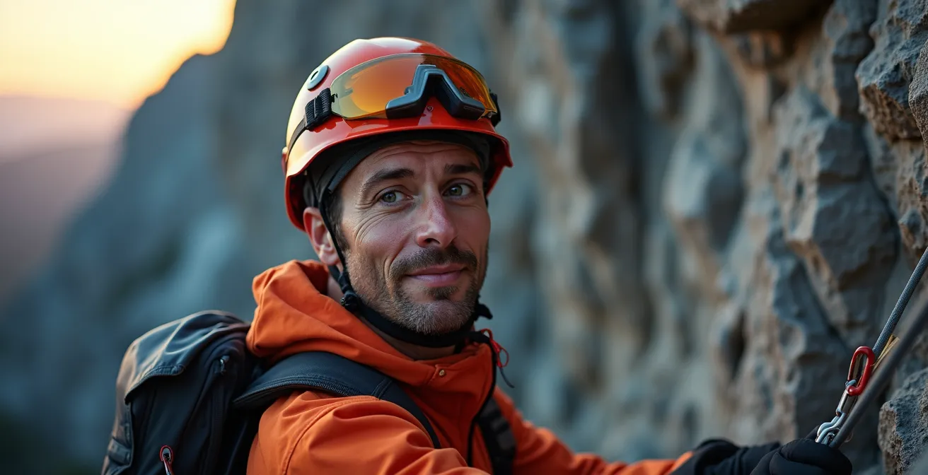 Mountain rescue team navigating steep granite slopes in challenging conditions in Quebec.