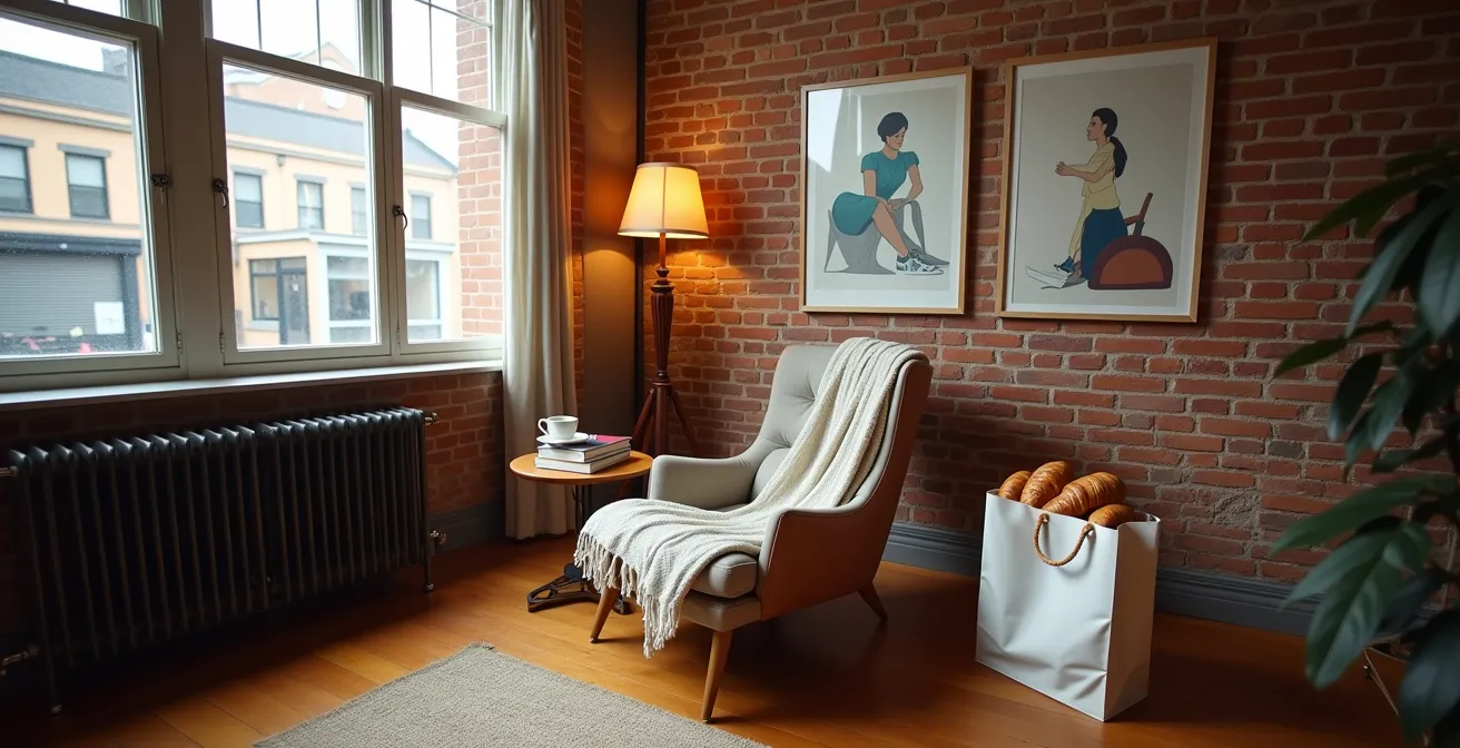 Cozy Montreal apartment interior with local art and characteristic architectural details