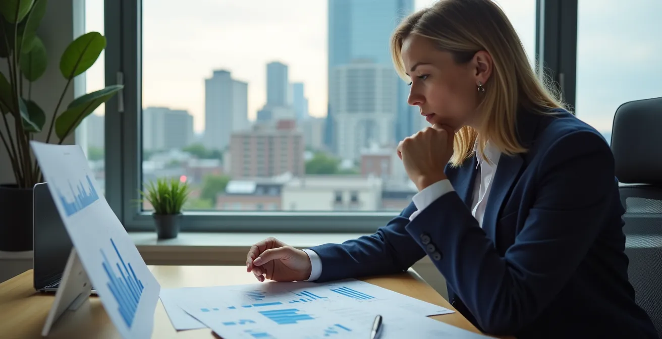 Investor reviewing portfolio with declining charts and rising property values