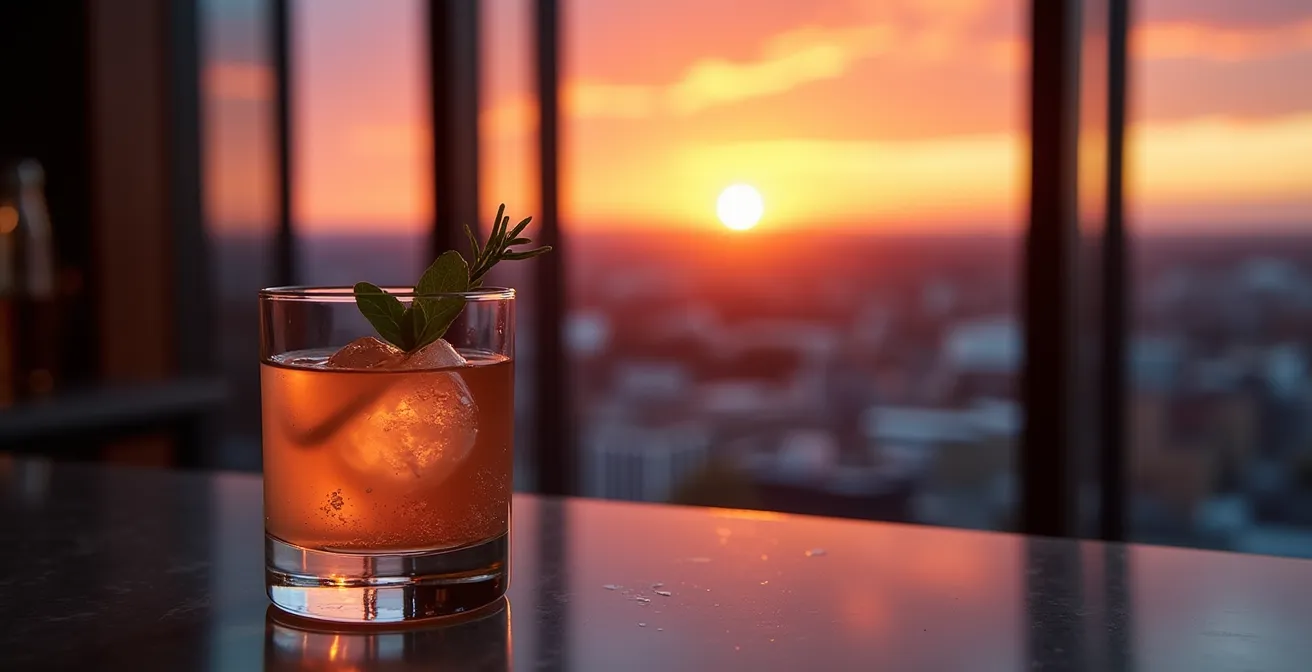 Elegant cocktail on marble bar counter with Quebec City sunset panorama through floor-to-ceiling windows