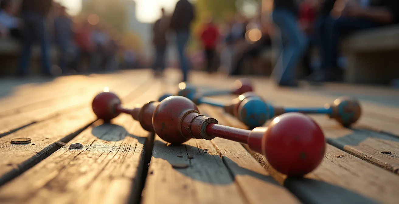 Extreme close-up of weathered juggling clubs and performance equipment on wooden terrace