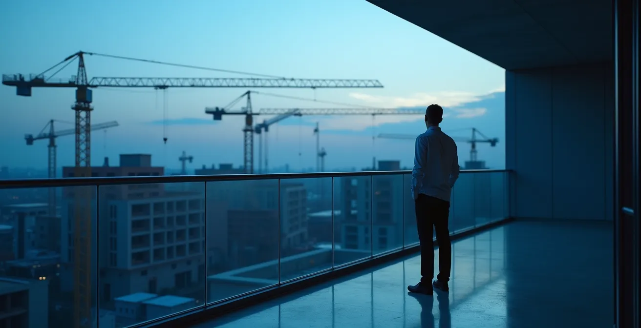 Wide shot of resident on balcony overlooking multiple construction sites at dusk