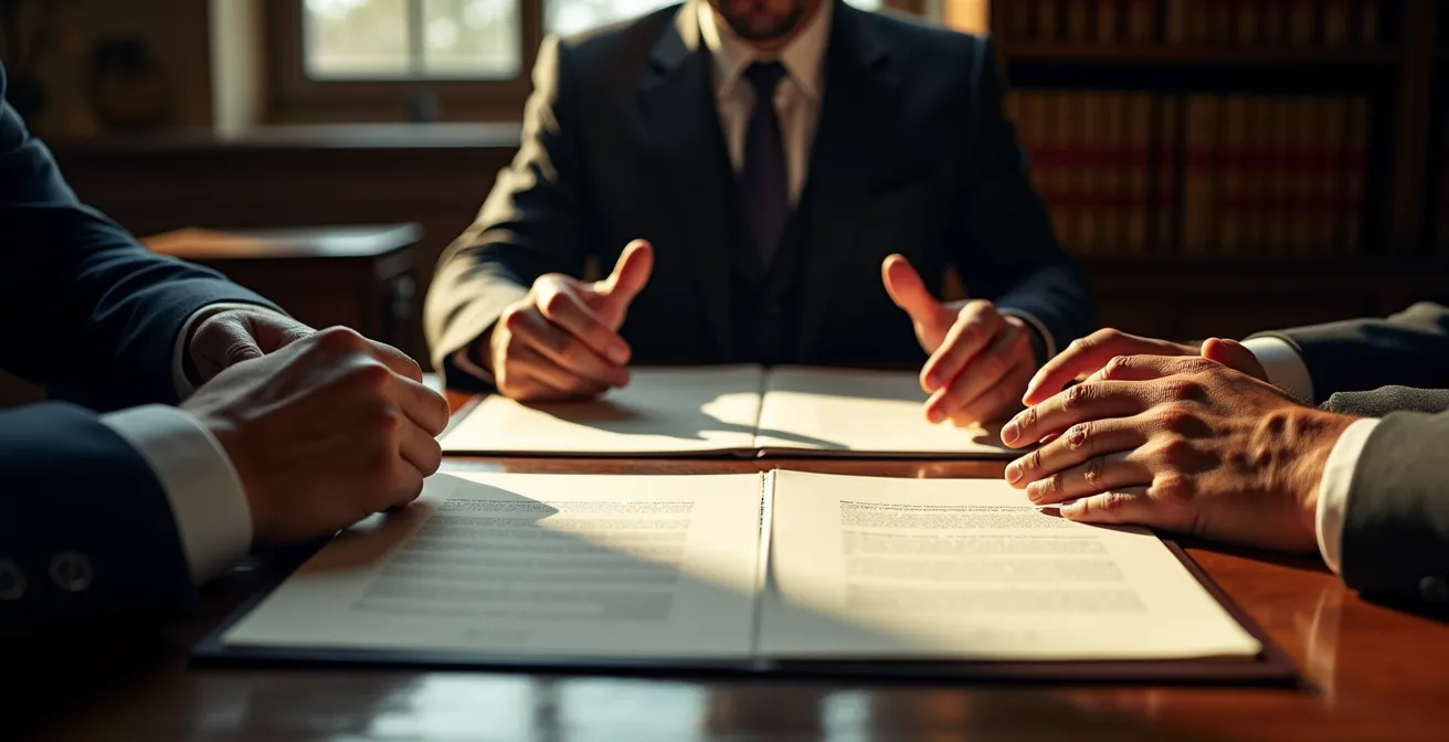 Quebec notary examining legal documents with clients at desk