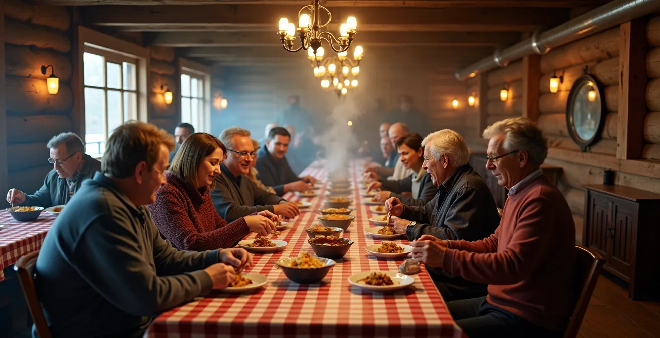 Warm interior of traditional Quebec sugar shack with long wooden tables filled with families sharing a meal
