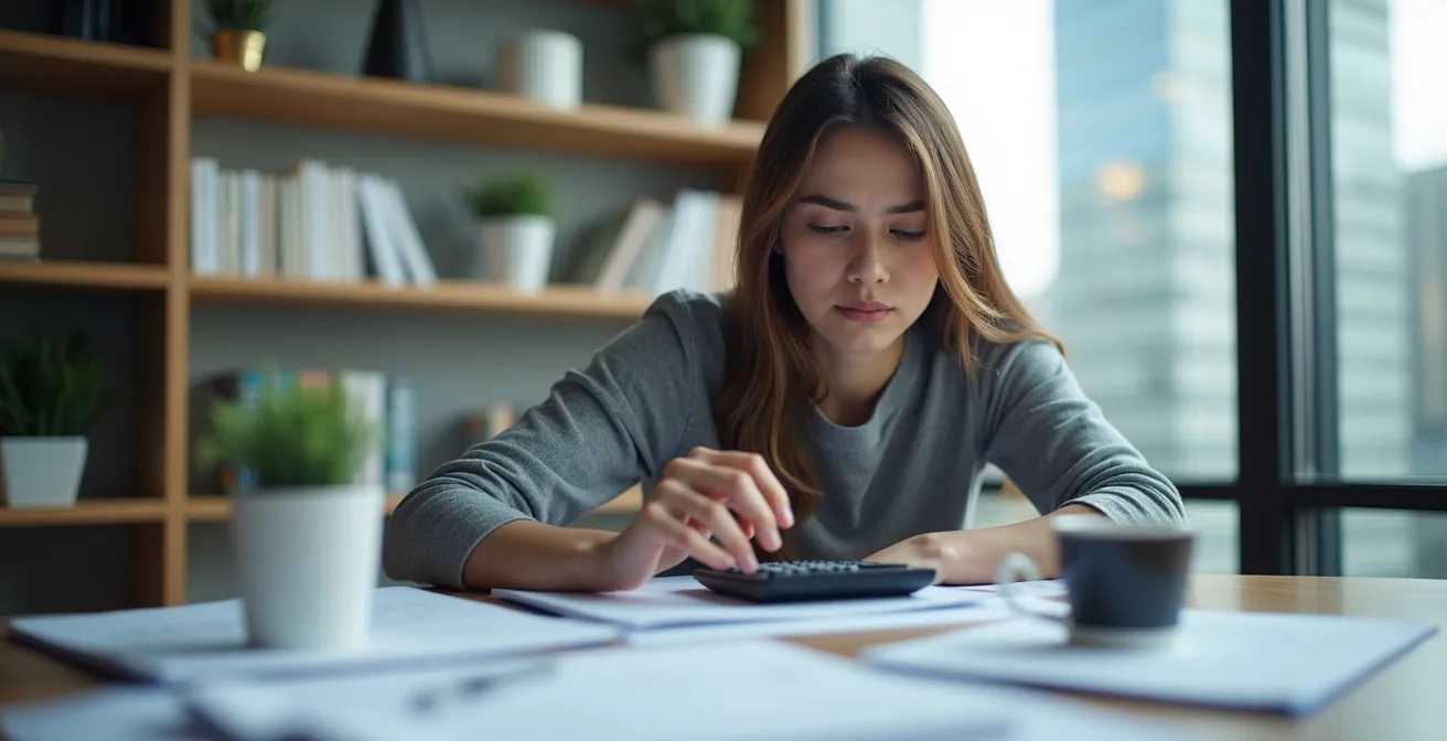 Stressed buyer reviewing financial documents at modern desk with calculator