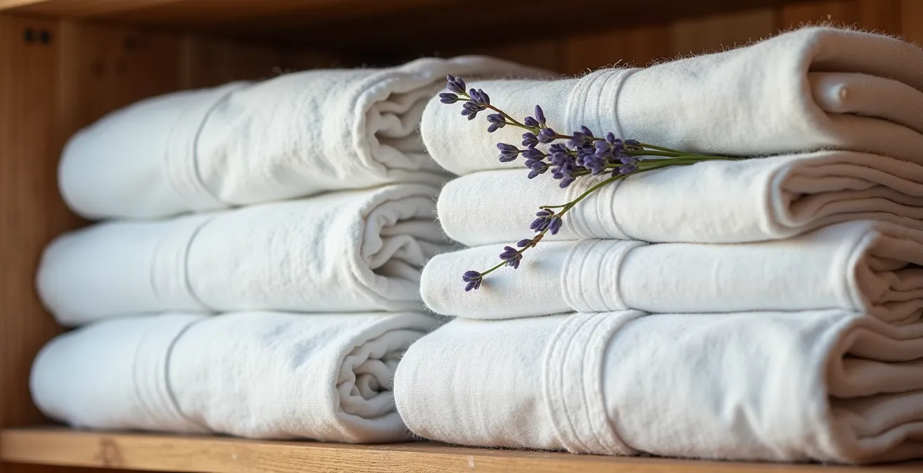 Professional storage room with two complete sets of white linens organized on wooden shelves in Quebec chalet