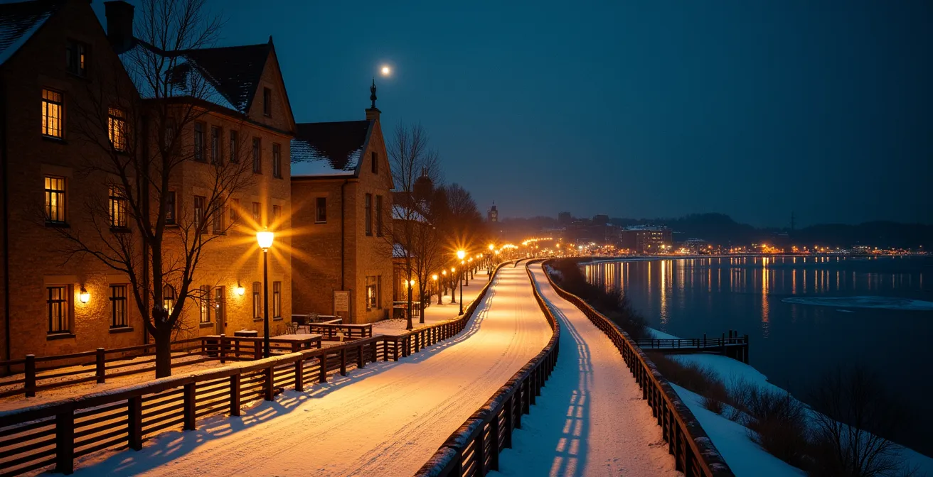 Night view from the toboggan slide platform overlooking the illuminated Old Quebec and the St. Lawrence River