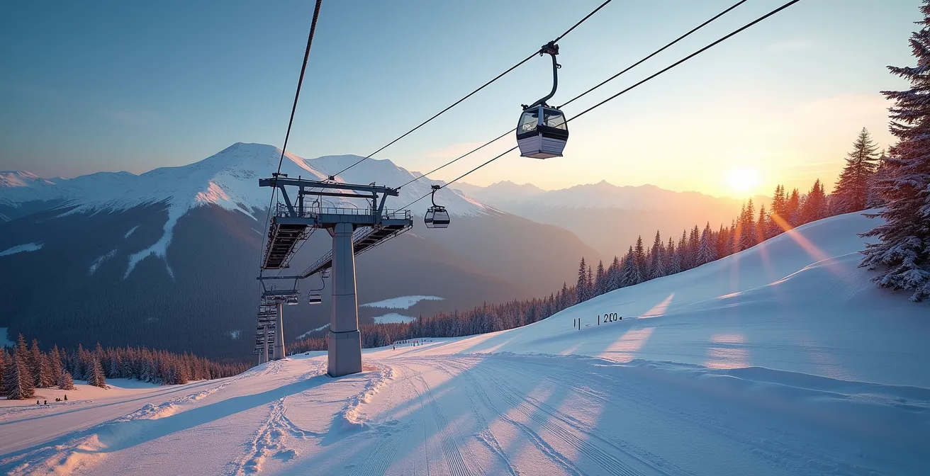 Empty gondola station at sunrise with mountain vista in background