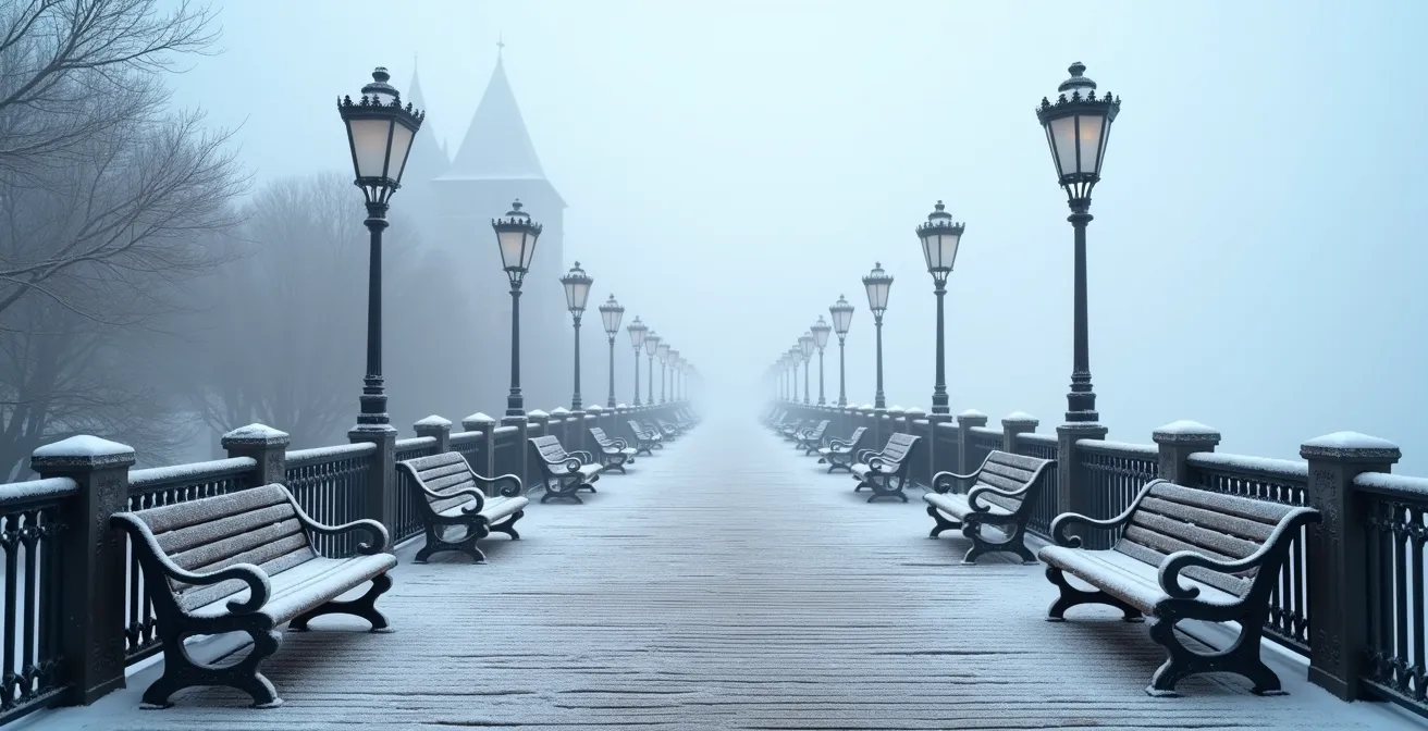 Misty winter morning view of empty Dufferin Terrace boardwalk covered in frost