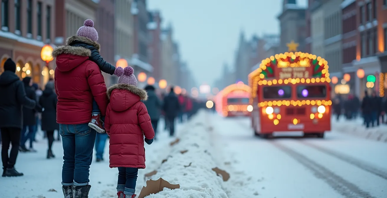 Families standing on packed snowbanks with cardboard insulation under boots watching illuminated parade floats