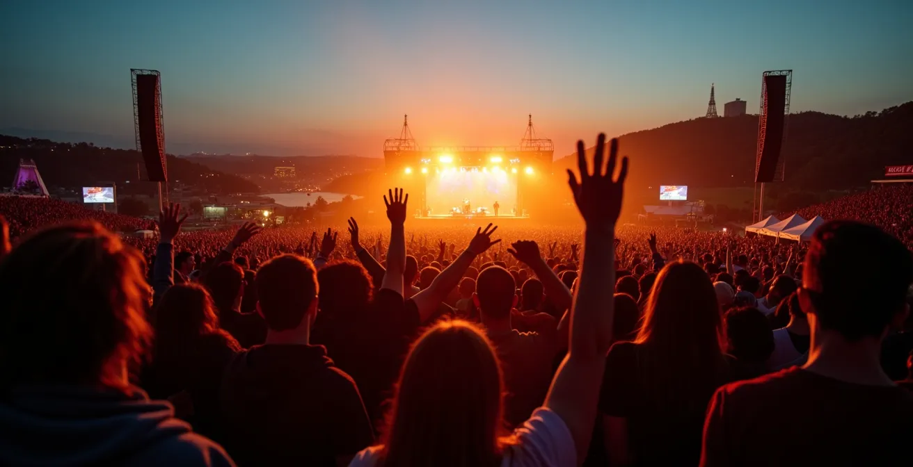 Evening concert crowd on Plains of Abraham hillside with stage lights