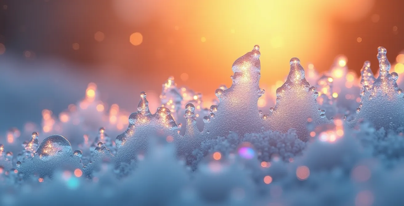 Macro shot of condensation and frost patterns forming on cold glass surface