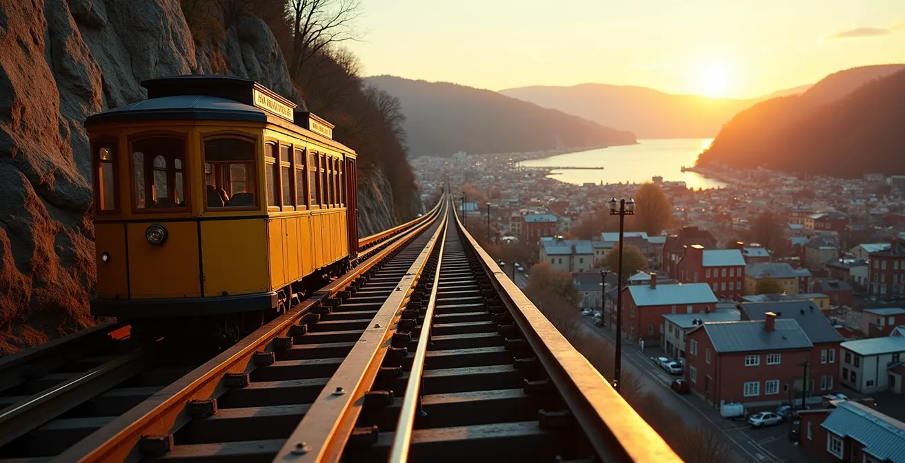 Historic funicular railway connecting Upper and Lower Quebec at golden hour