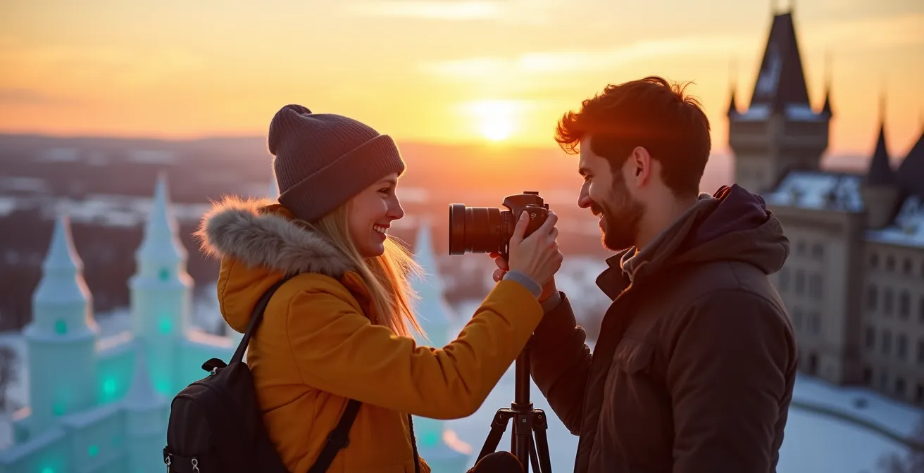 Wide view of ice palace bathed in golden sunset light with Plains of Abraham and Quebec City skyline