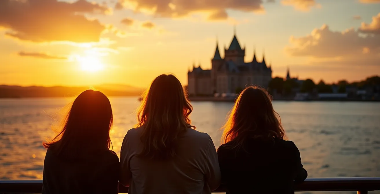 Ferry deck at golden hour with passengers silhouetted against Quebec City skyline
