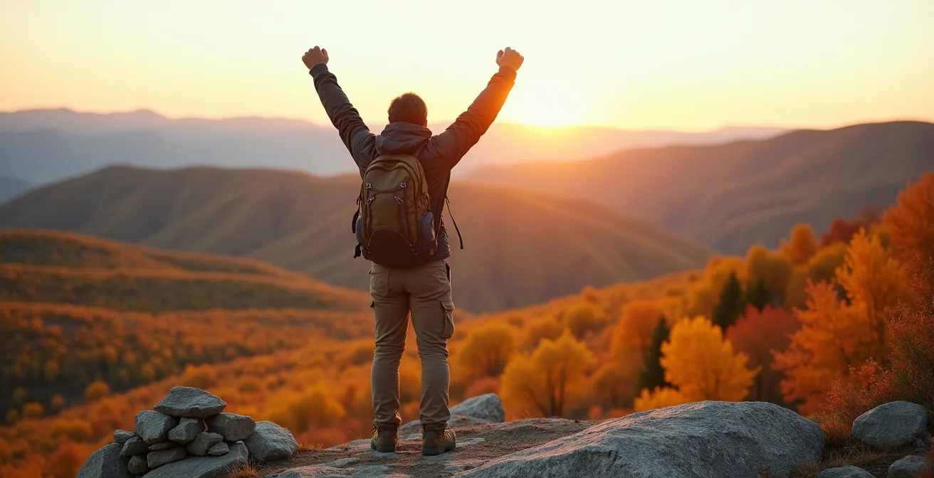 Hiker reaching Mont Ham summit with panoramic Eastern Townships view