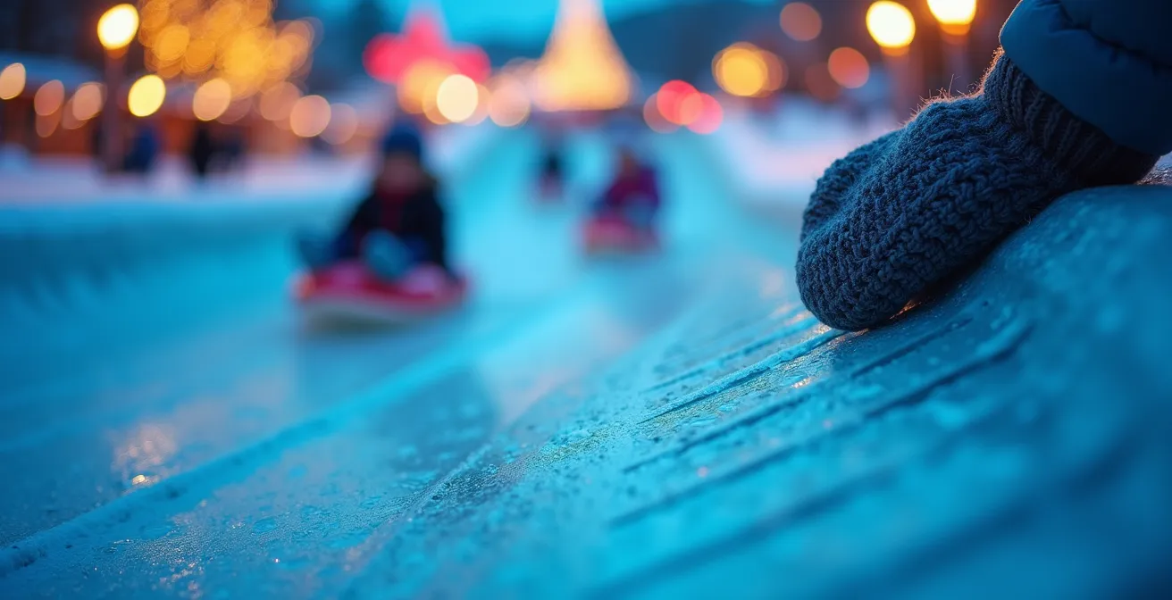 Children sliding down illuminated ice slide at dusk with short queue visible