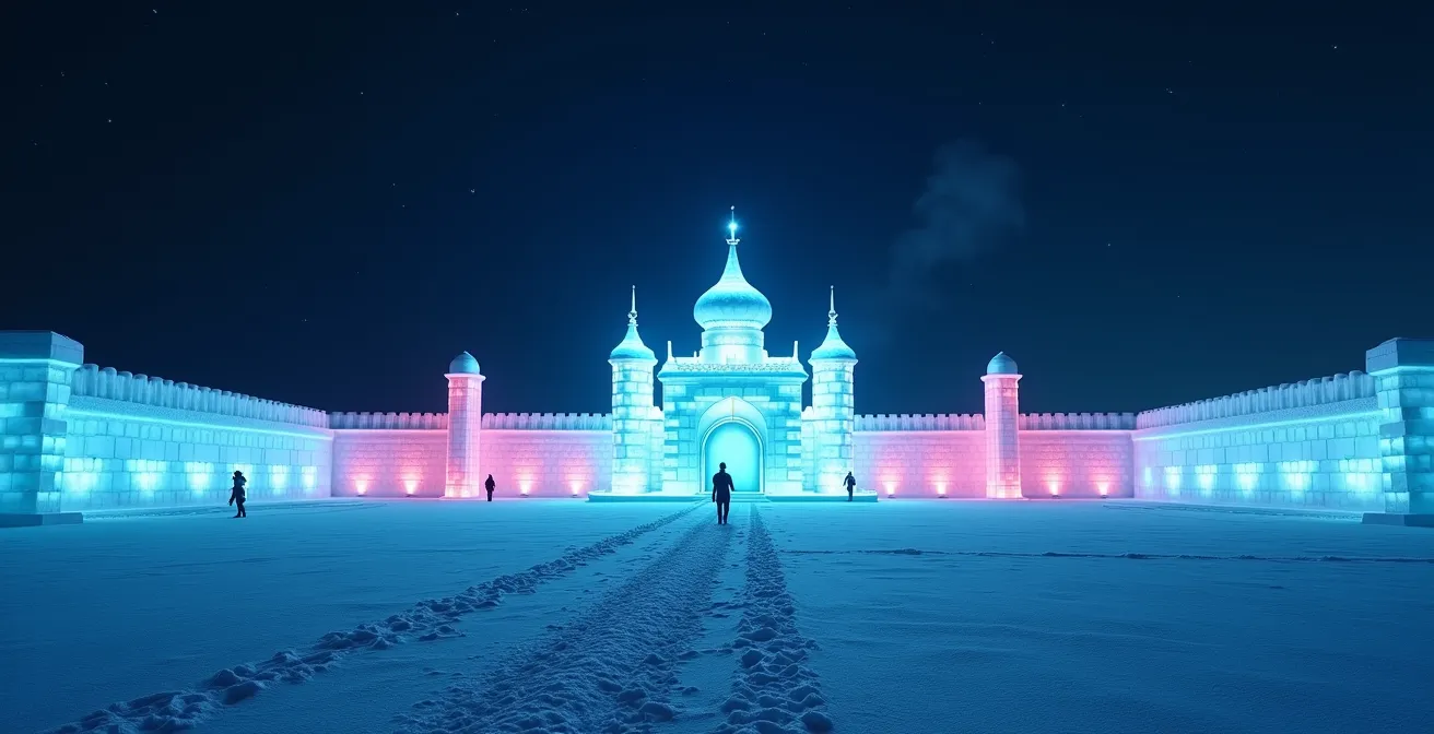 Deserted ice palace at night with untouched snow and dramatic LED lighting against starry sky