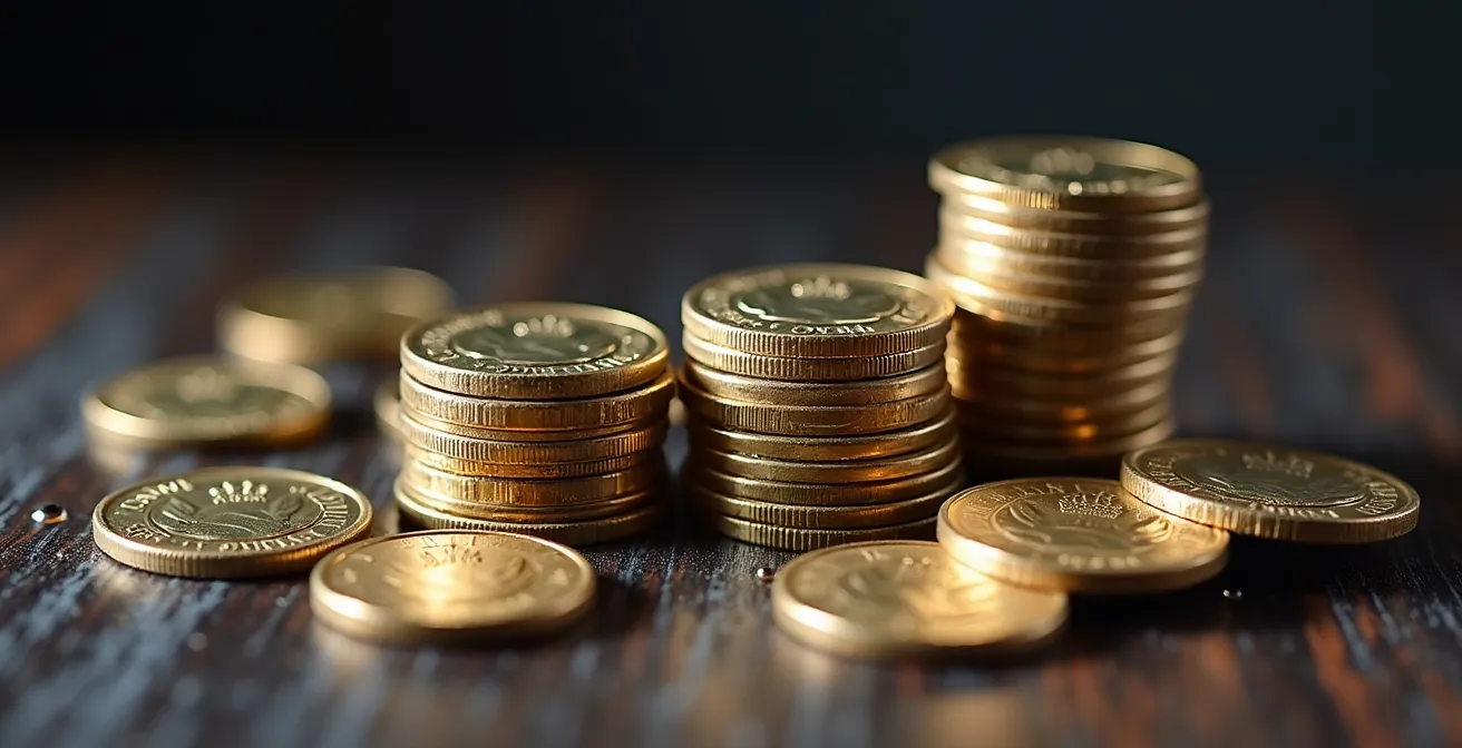 Macro close-up shot of stacked Canadian coins, representing the different financial tiers of down payments.