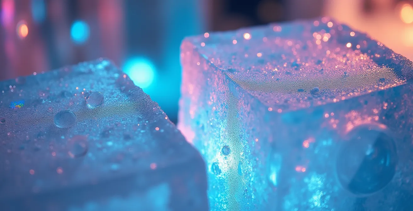 Extreme close-up of ice sculpture showing air bubbles, crystal formations and light refraction patterns