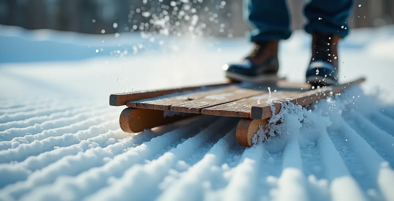 Extreme close-up of weathered wood grain of a toboggan runner meeting a crystalline ice surface