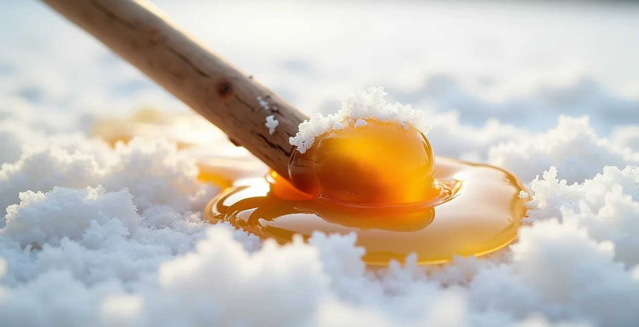 Extreme close-up of golden maple taffy being rolled onto a wooden stick from fresh white snow