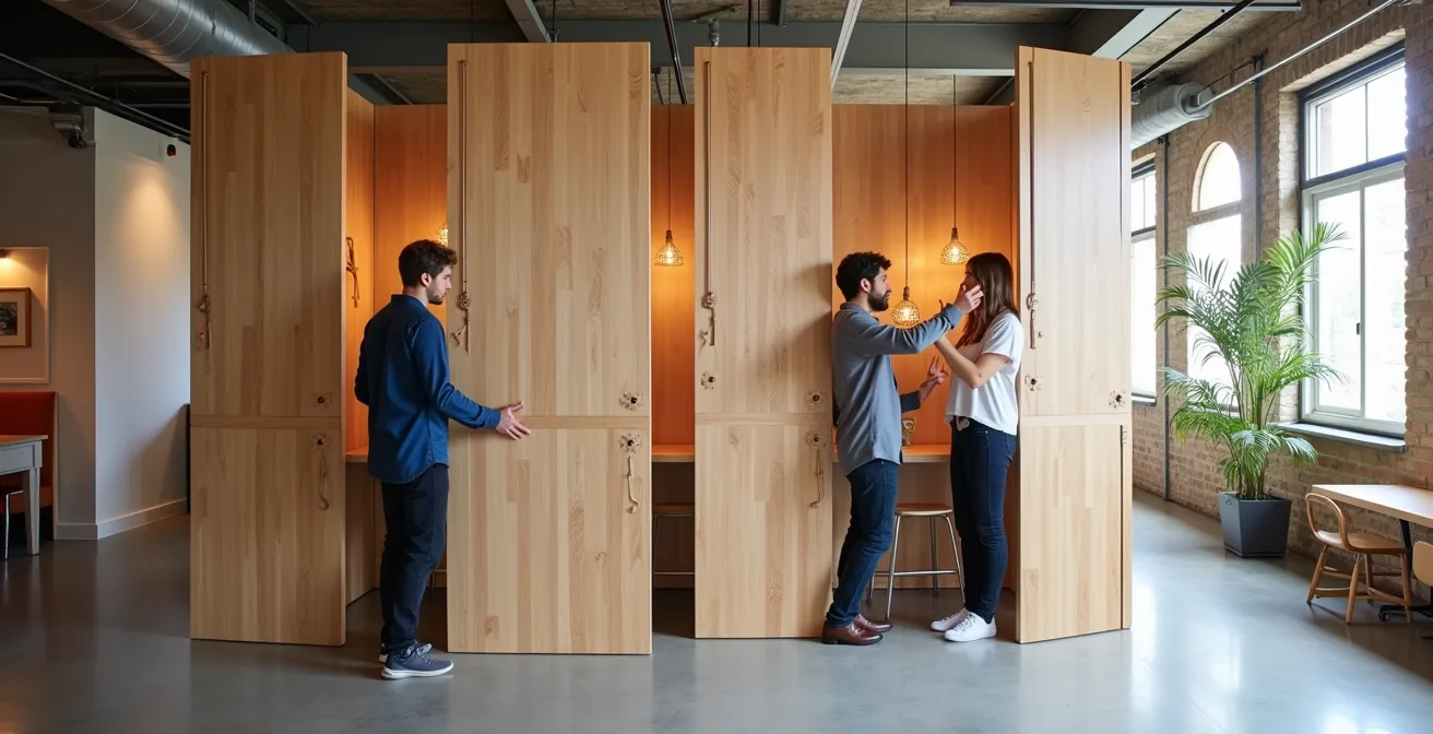 Modern modular room dividers creating separate spaces in an open loft