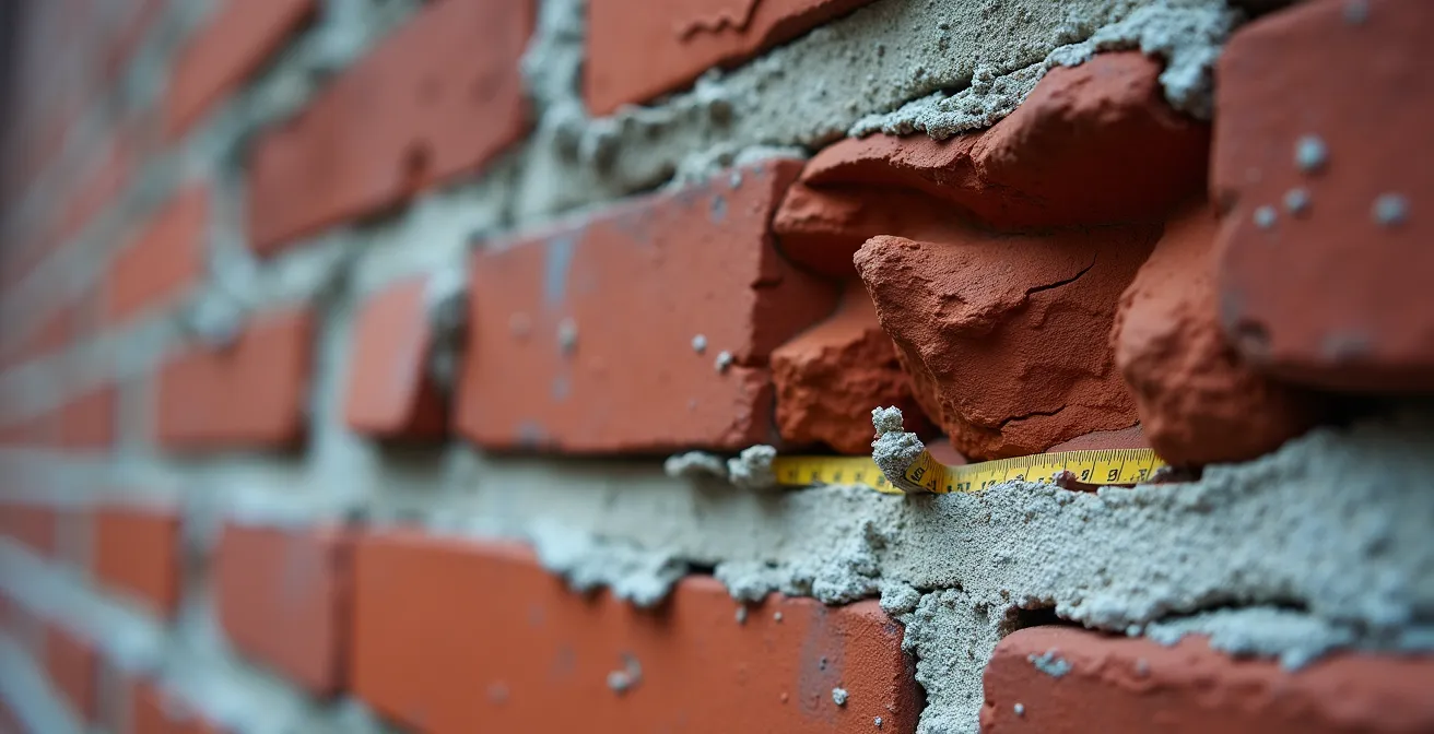 Close-up of bulging brick wall showing ventre de bœuf distortion on Montreal triplex