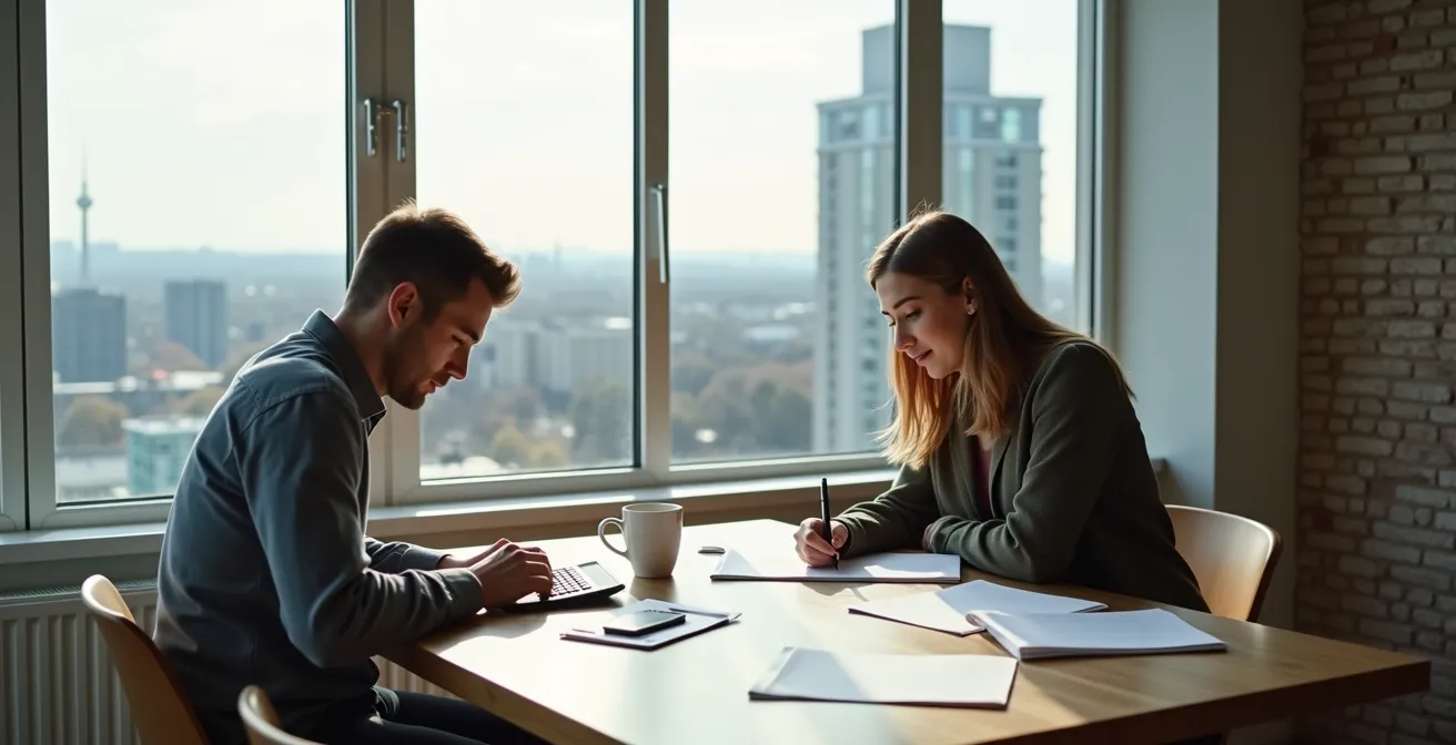 Couple reviewing property calculations with Montreal skyline view