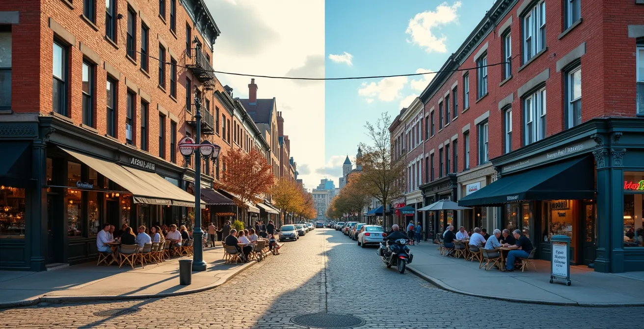 Split-view comparing established Plateau street with emerging Verdun waterfront development