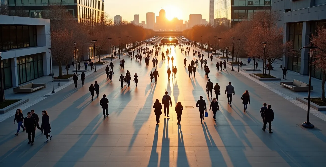 Montreal office workers streaming toward metro station at 5 PM during golden hour
