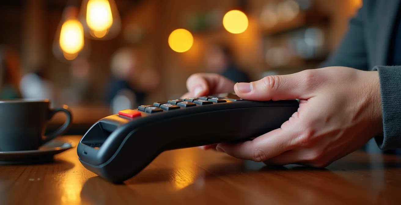 Close-up of hands holding payment terminal in Montreal bistro showing tip percentage options