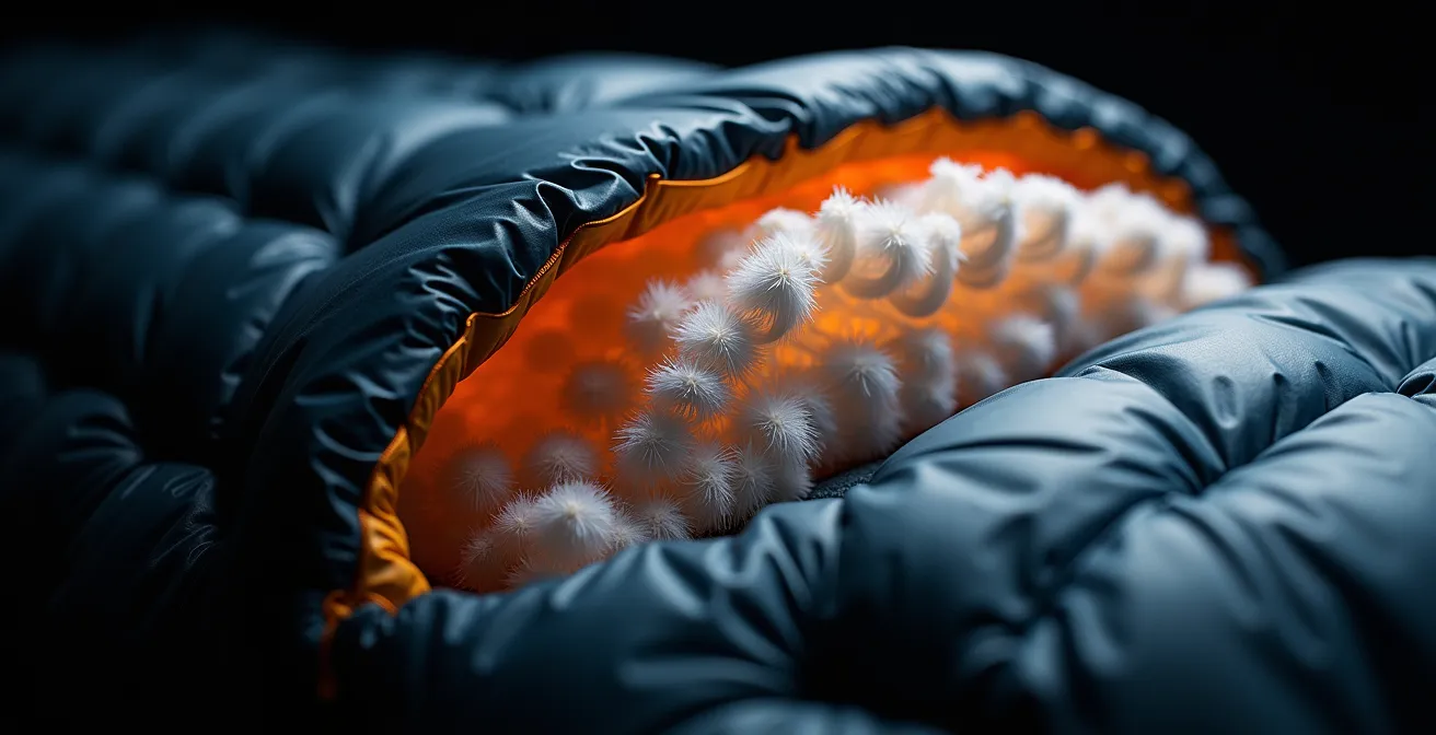 Cross-section view of a mummy sleeping bag showing proper insulation loft and air pockets