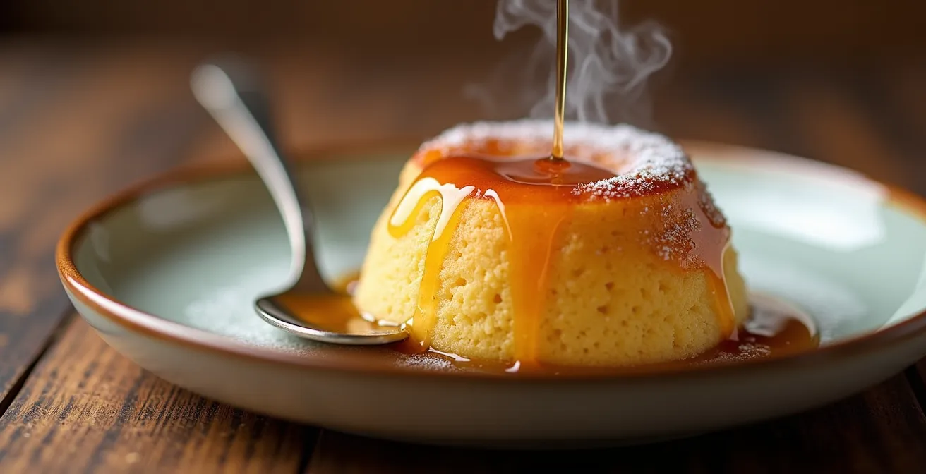Close-up of traditional pouding chômeur with glossy maple syrup pooling
