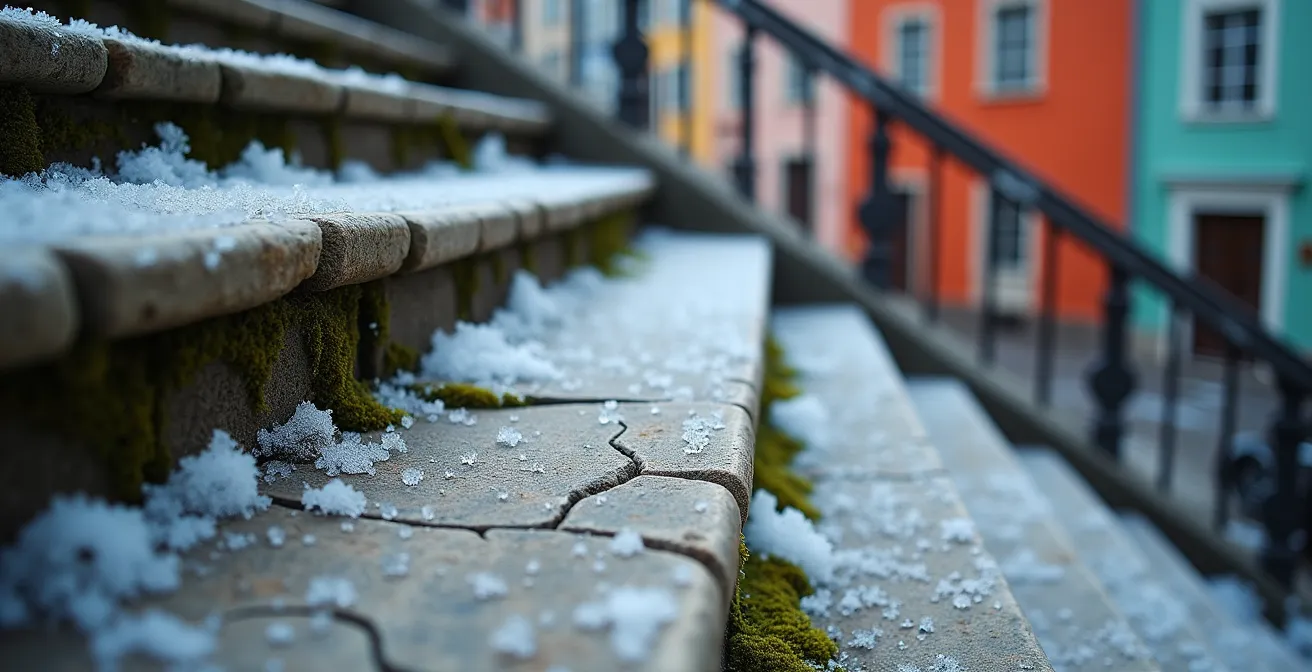 Steep historic stone stairway with unique angle view of colorful Petit Champlain district