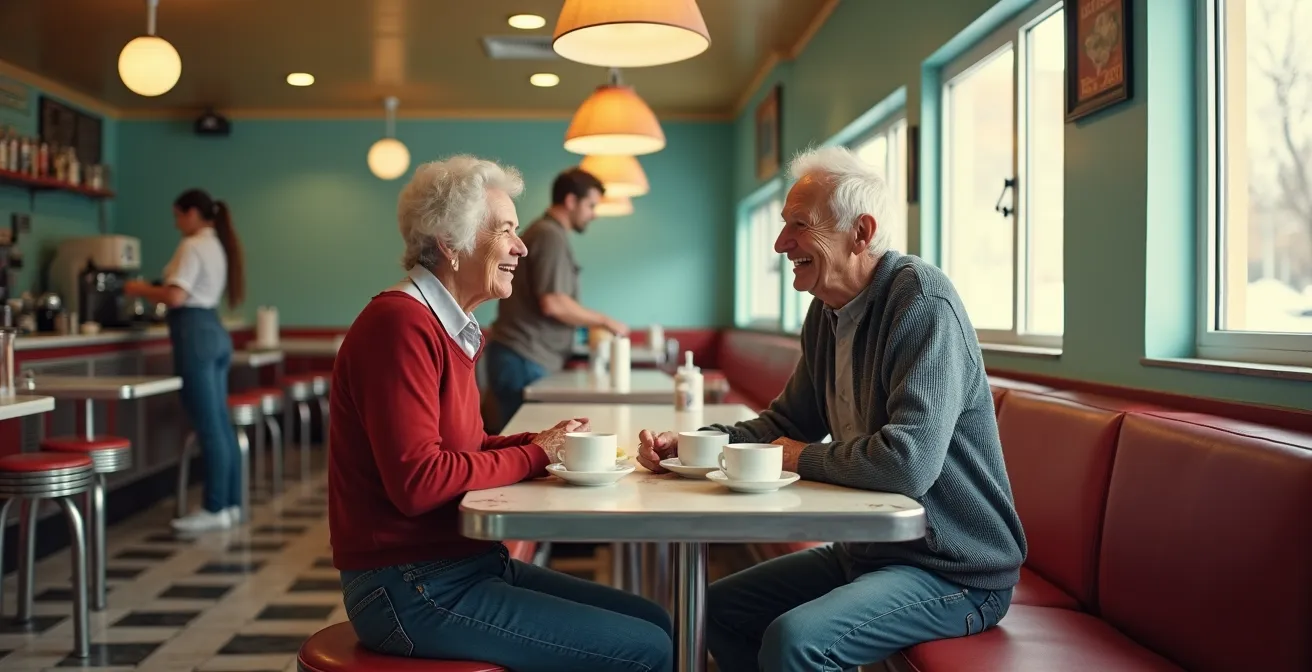 Morning scene inside traditional Quebec diner with locals enjoying breakfast