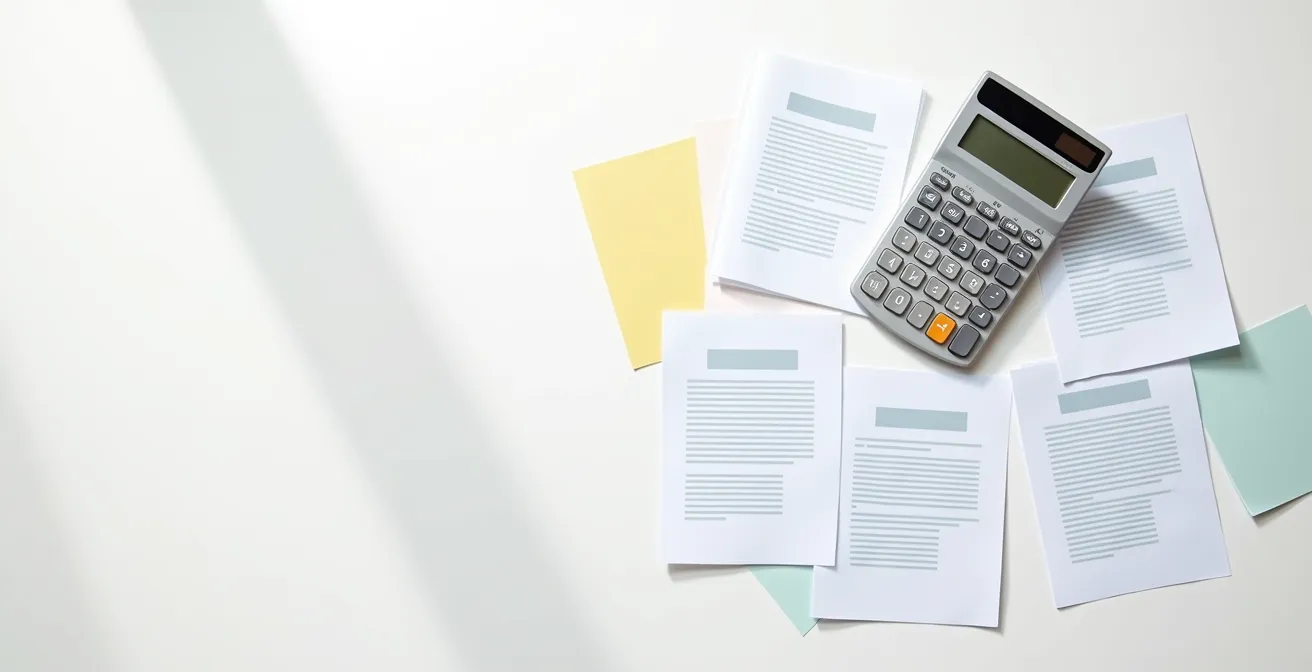 Various closing cost documents and receipts arranged on desk with calculator