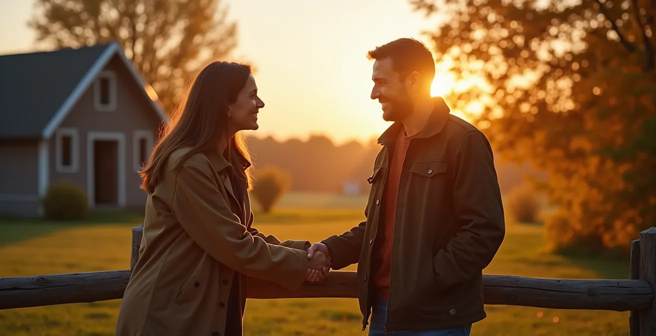 Cottage owner shaking hands with neighbor over wooden fence at sunset in Quebec countryside