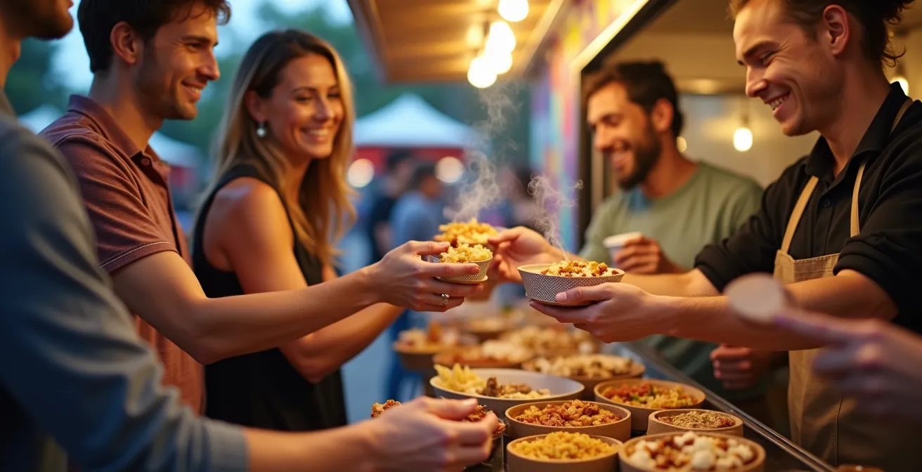 Busy Quebec food festival with multiple food trucks and people sampling dishes