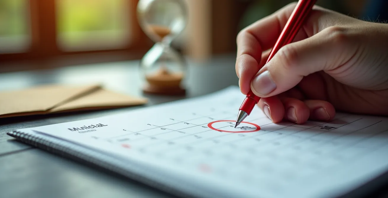 Concerned homeowner marking property tax payment deadline on calendar