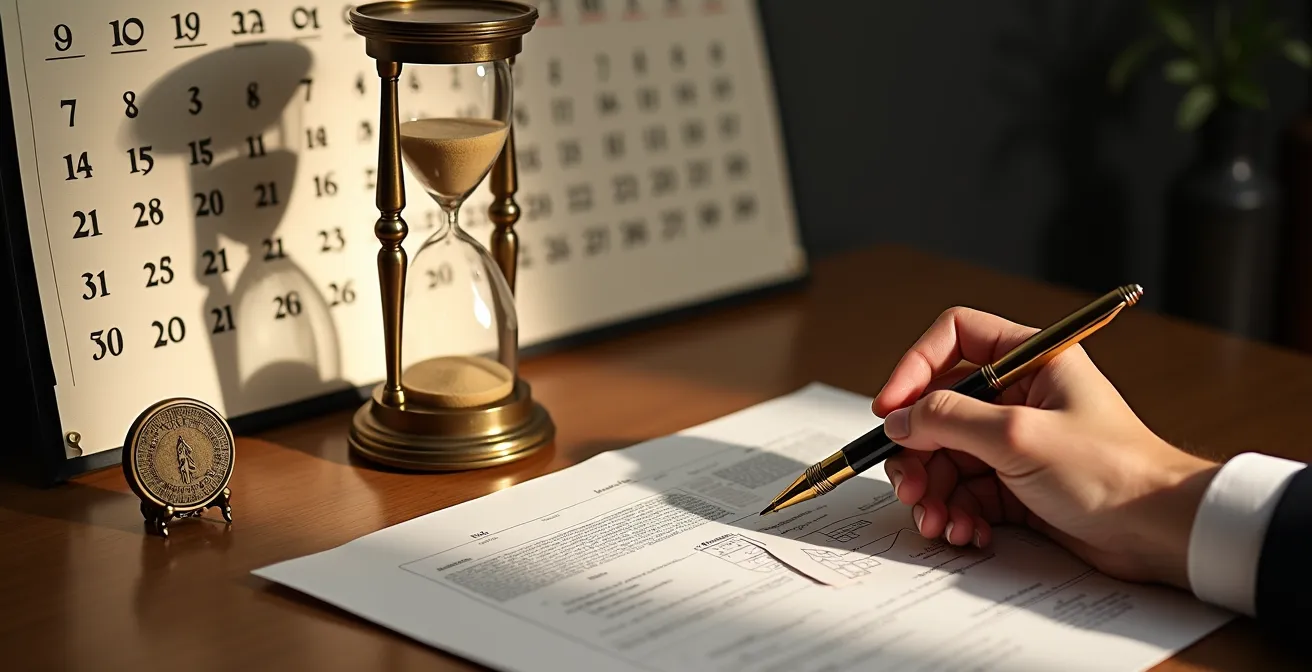 Calendar marking showing Quebec property transfer timing with notary documents