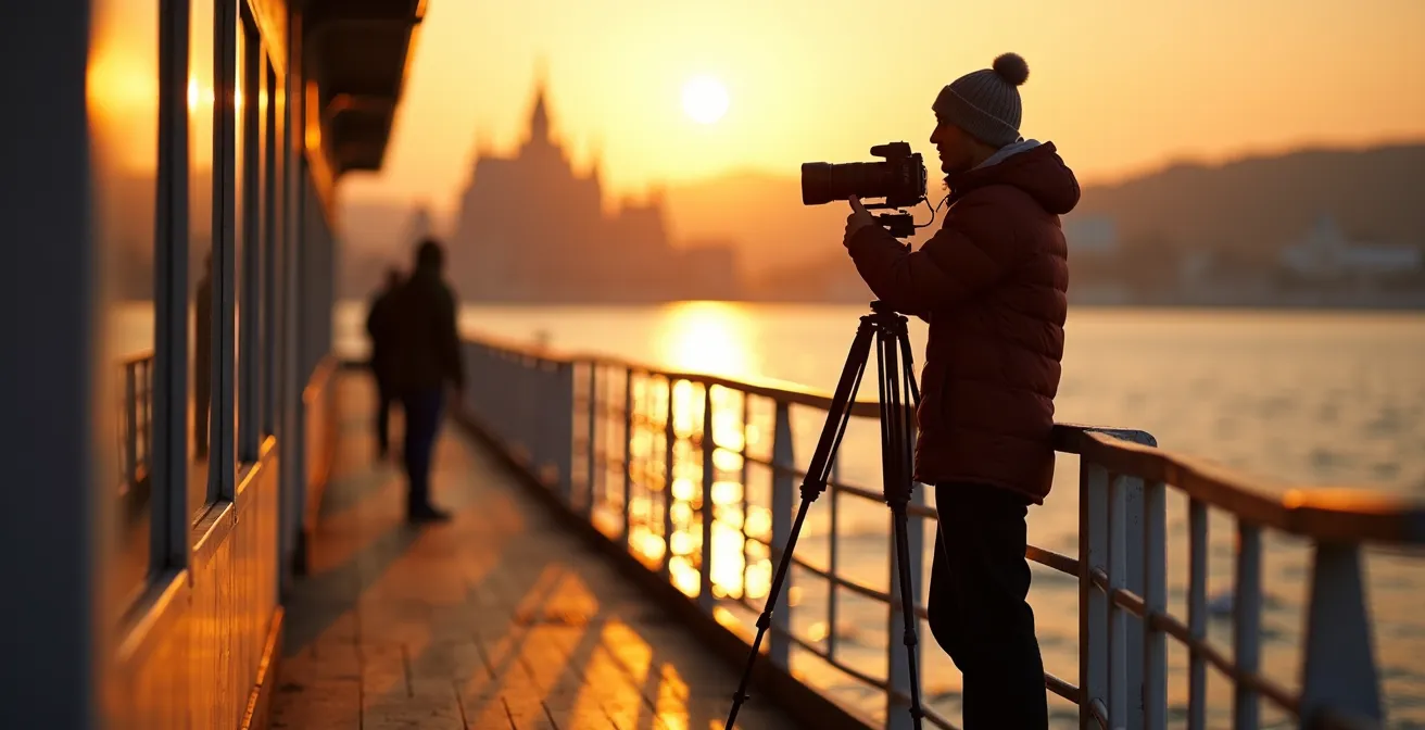 Photographer capturing Château Frontenac from the Lévis ferry deck at golden hour