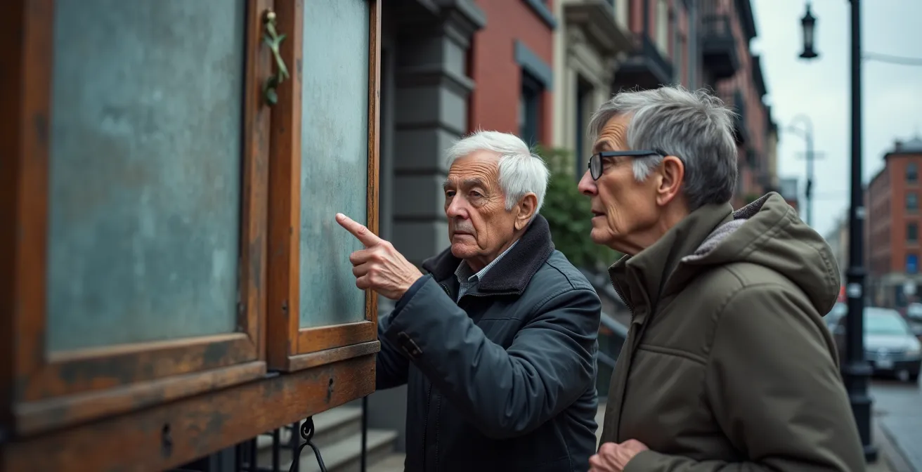 Public notice sign on a Quebec street corner with concerned residents examining it