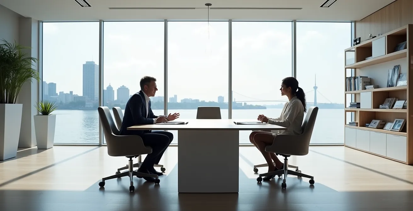 Real estate broker presenting offer documents in modern Montreal office