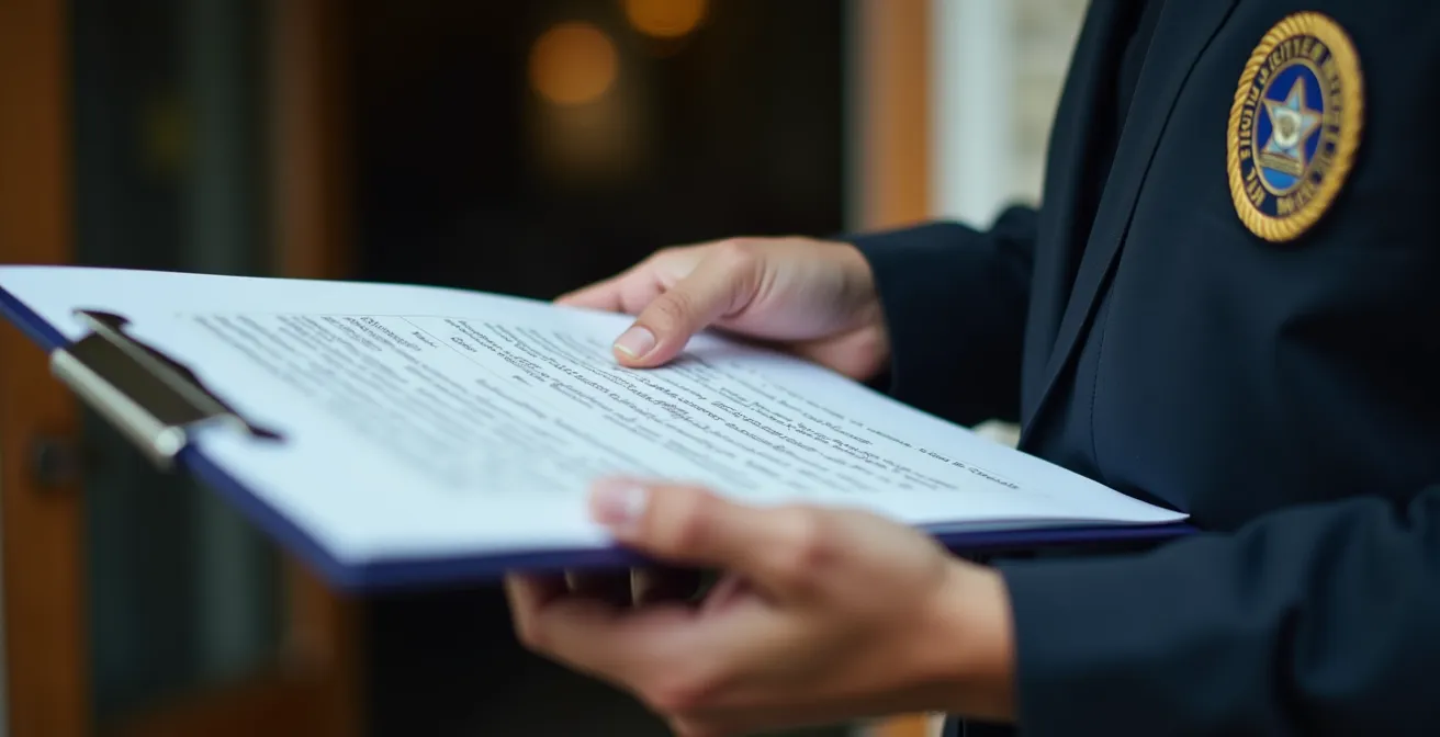 Municipal inspector reviewing property documents during an enforcement visit in Quebec