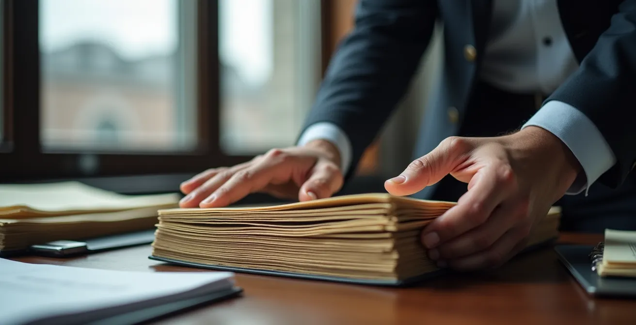 Professional office setting with organized documents and Quebec architecture visible through window
