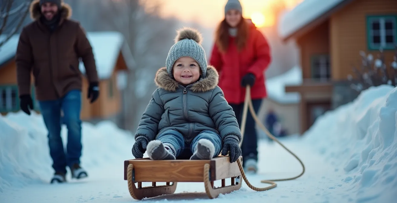 Family pulling traditional Quebec wooden sled with toddler through snowy village path