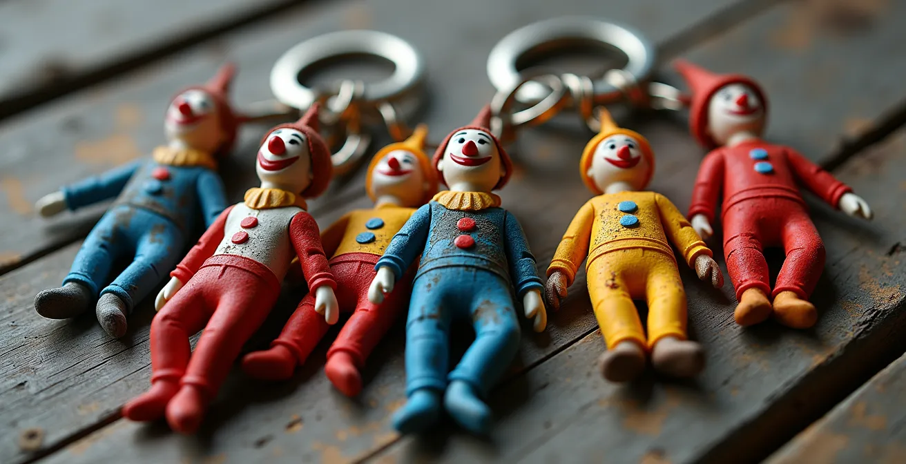 Collection of colorful Winter Carnival effigies displayed as memorabilia