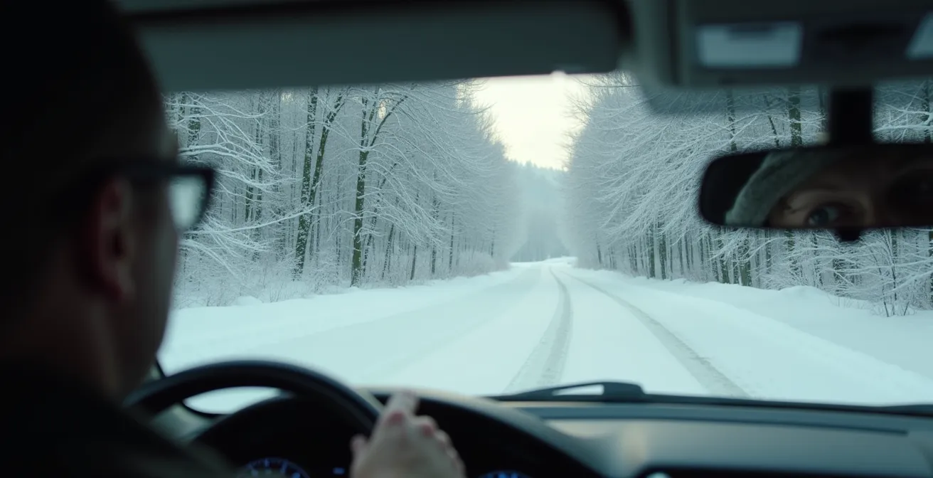 Vehicle with winter tires navigating snowy Quebec rural road surrounded by forest