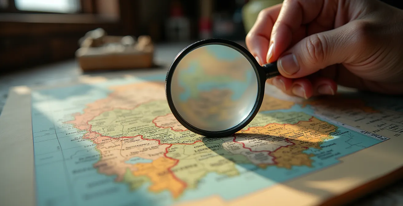 Property owner examining municipal zoning maps spread across table with coffee and calculator